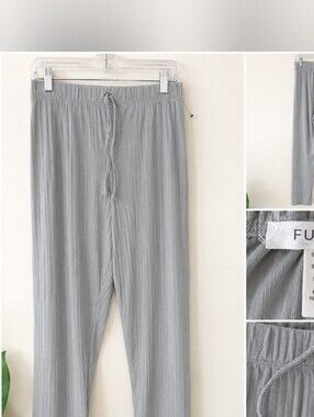 Women's FUYUKAI Gray Ribbed Knit Lounge Pants Size L Elastic Waist Stretch Casua